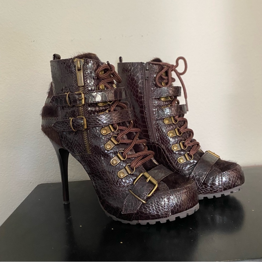 Dollhouse Brown Heeled Boots with Buckle Straps Size 8 Industrial